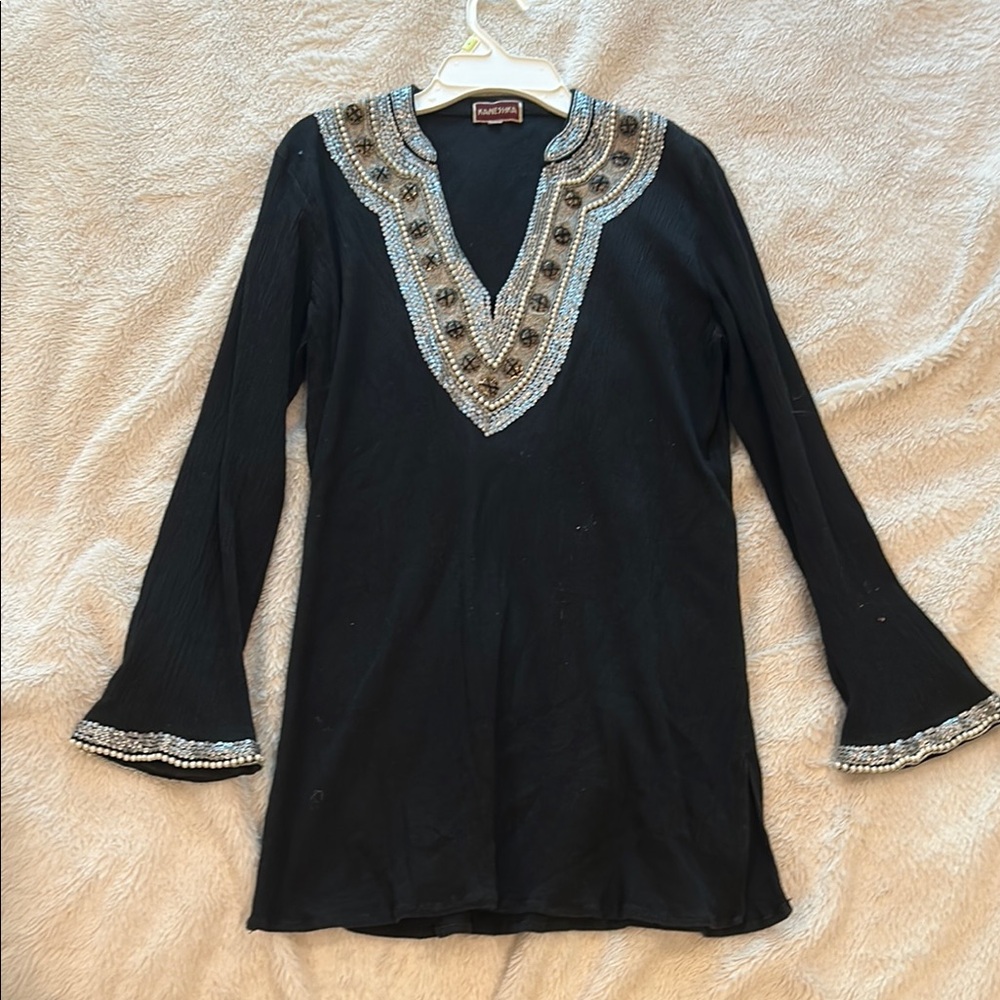 Black Embellished Long Sleeve Swim Coverup
